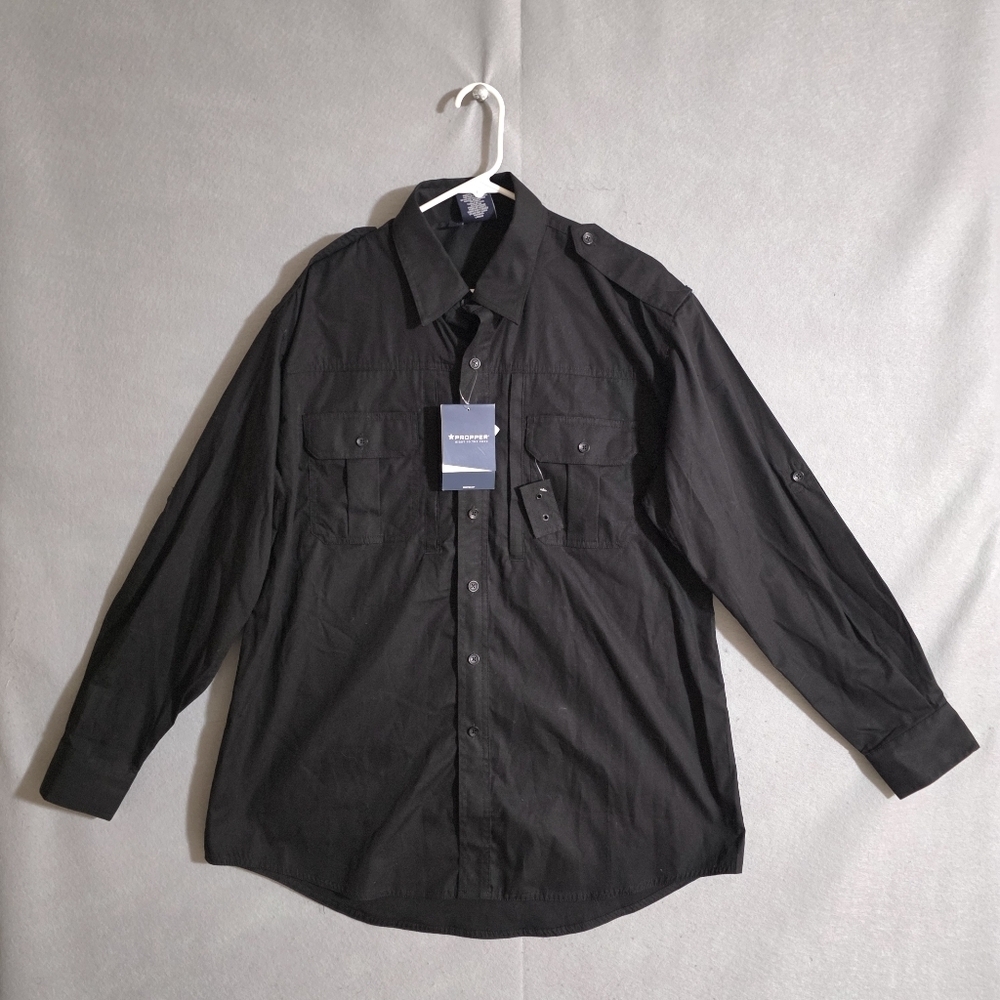 NWT Propper Mens Black Tactical Rip Stop Dress Shirt Size Large